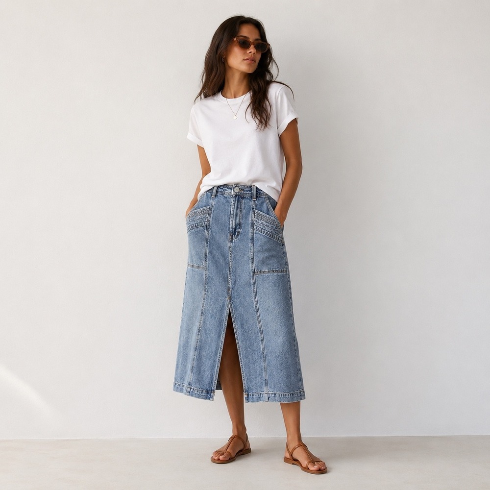 Habitual Denim Midi Skirt Women 2/26 Blue Front Slit Paneled HFS01816S